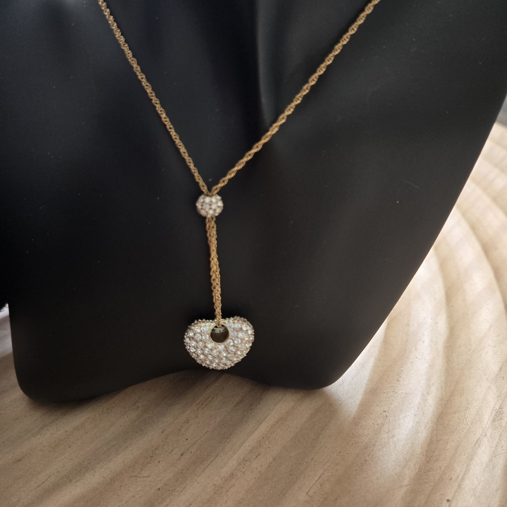 Vintage Gold Tone Pavé Rhinestone Heart Lariat Drop Y-Necklace Sparkle